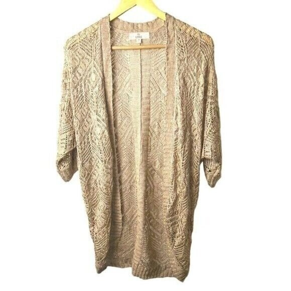 Pink Republic Tan Color Crochet Knit Short Sleeve Open Duster Cardigan Size XS - Picture 1 of 7